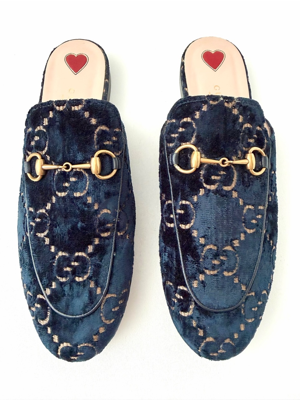 GUCCI | Princetown GG Velvet Horsebit Mules Flats Slippers Navy Blue Gold EU 39 - Picture 3 of 10